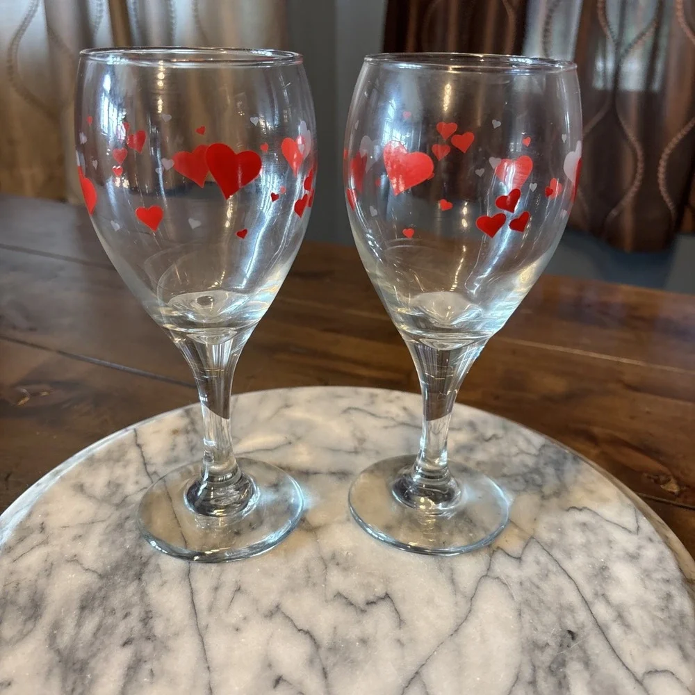 2pc VTG Libbey Heart Wine Water Goblets Red & Frosted Hearts Valentine's Day